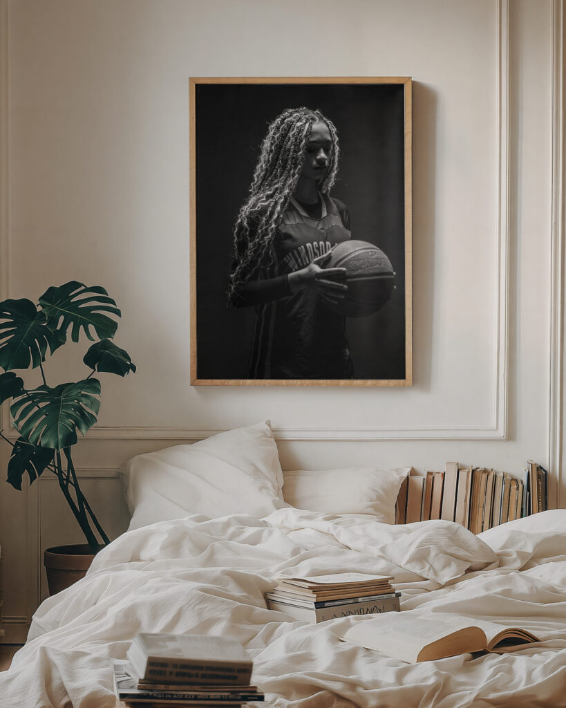 Wall art of a Senior Portrait of a female basketball player in black and white format Photography near Simsbury, CT with CT Photographer, Rob Faber 2025 Senior Portrait Trends in CT