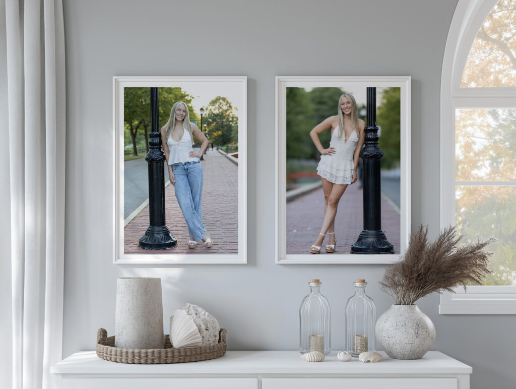 CT Photographer | MA Photographer | Rob Faber Photography- Wall art of a senior posing in white shirt and blue jeans in Forest Park