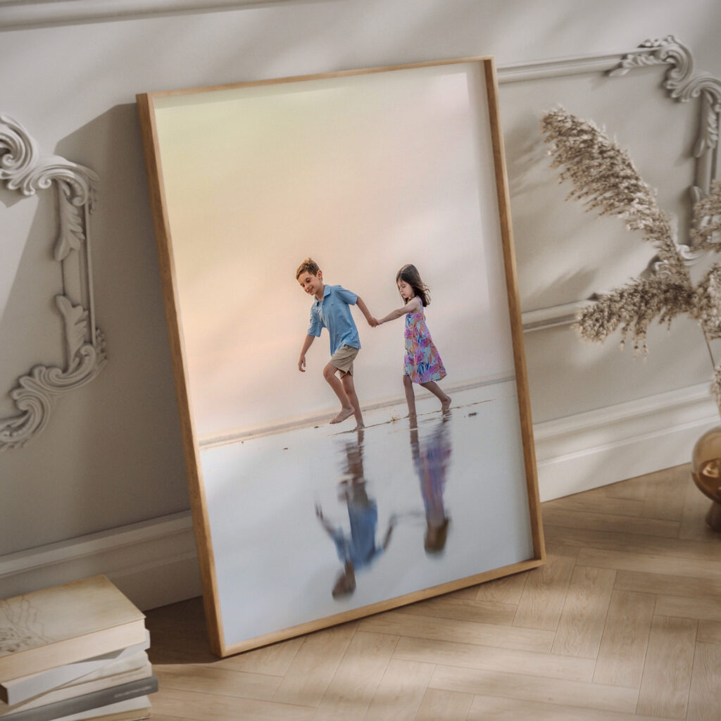 Connecticut Family Photographer | Classic Studio Portrait Photography | Framed Photo Children Running On Beach