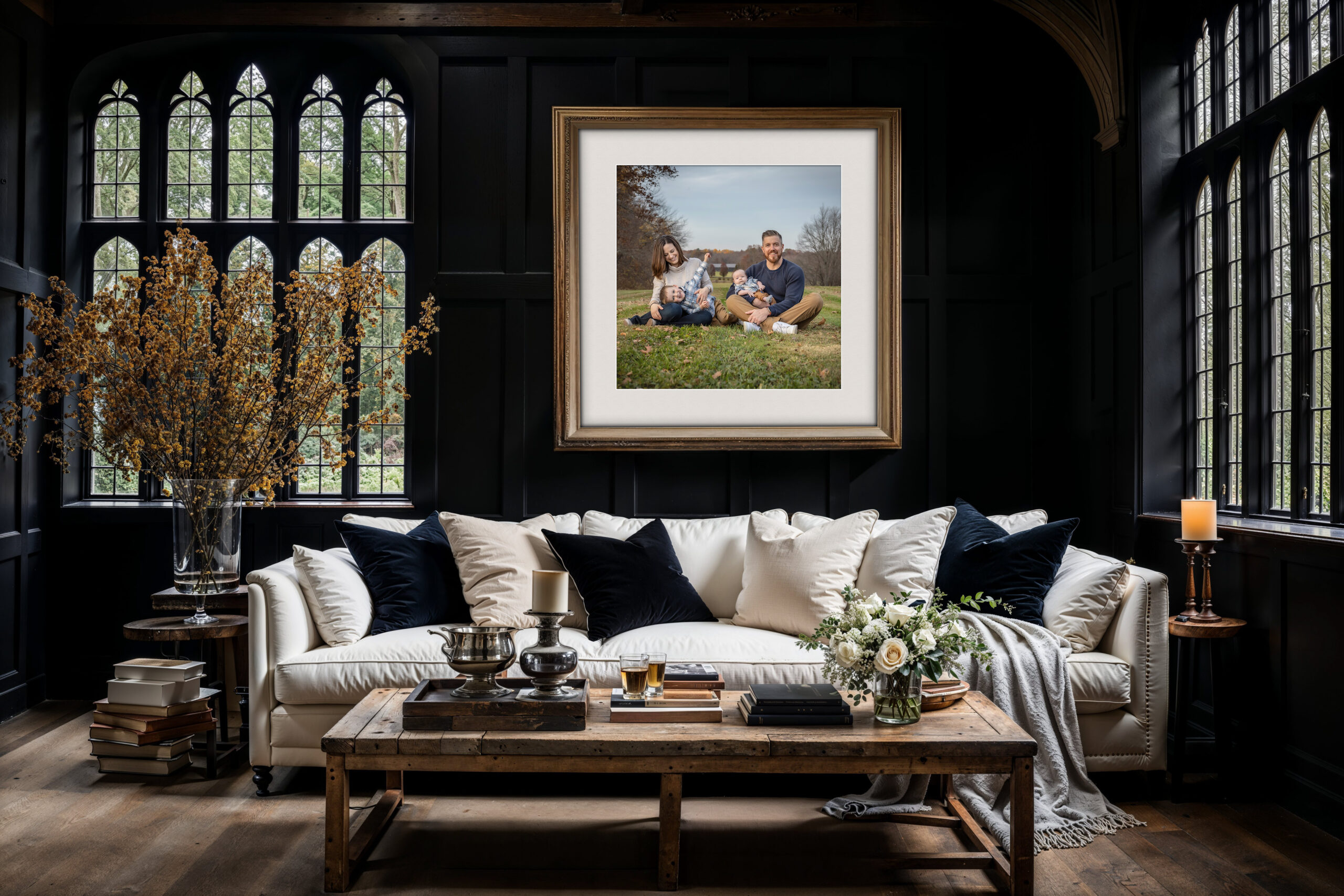 Connecticut Family Photographer | Classic Studio Portrait Photography | Living room with wall art print on wall