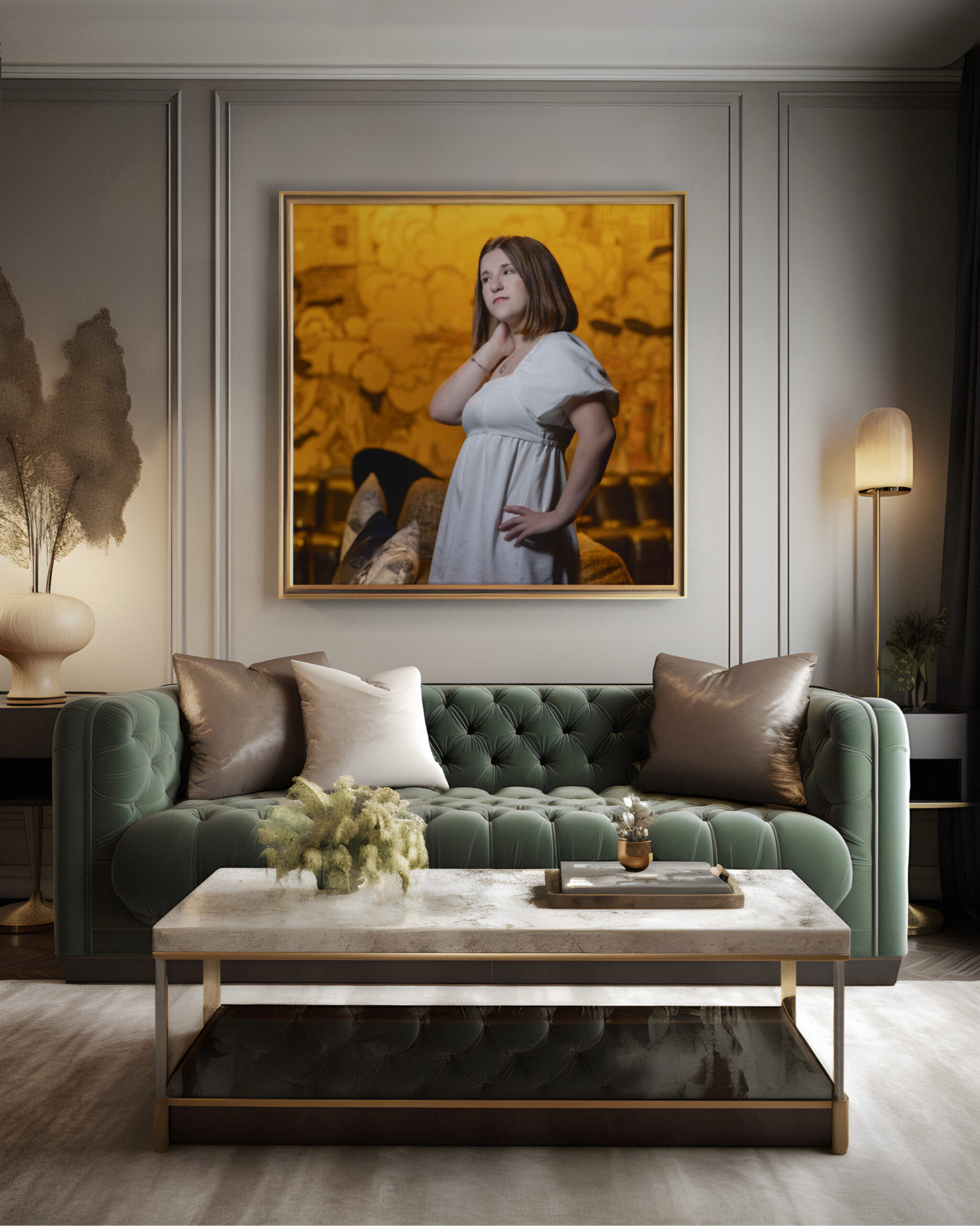 CT Photographer | MA Photographer | Girl in White dress poses in front of gold wall art