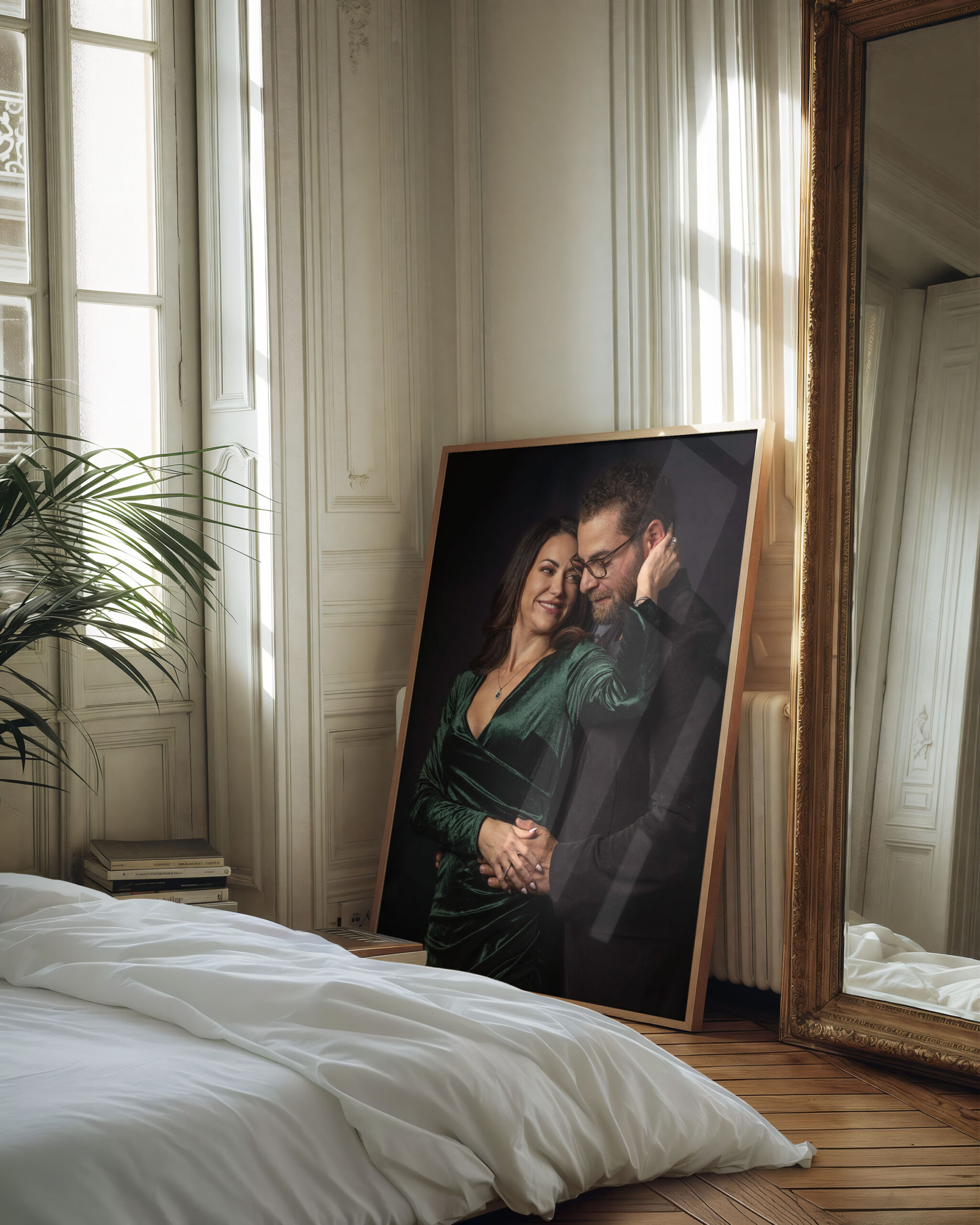 Framed wall art portrait of a couple in a sunlit luxury bedroom by CT Wall Art Photographer Rob Faber, showcasing heirloom-quality photography for homes in CT and Western MA.