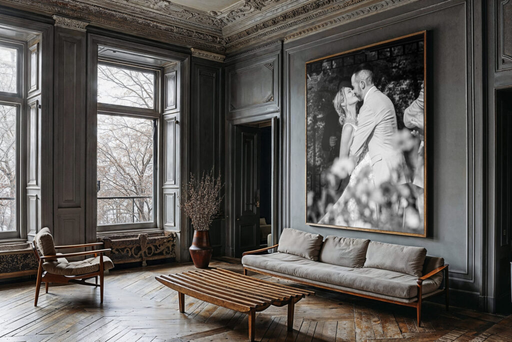 CT Photographer | Rob Faber Photography | MA Photographer | Wall Art of married couple's first kiss in luxury apartment.