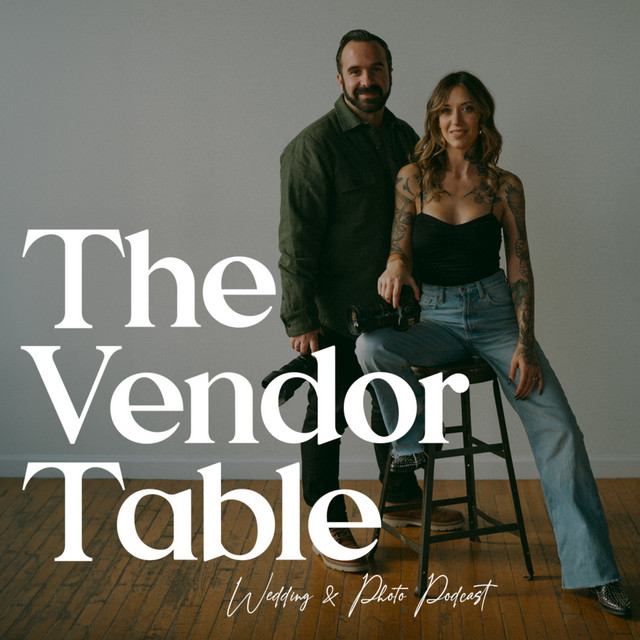Wedding Photographer Business Podcast. CT Photographer. Man and woman standing and on stool against white backdrop.