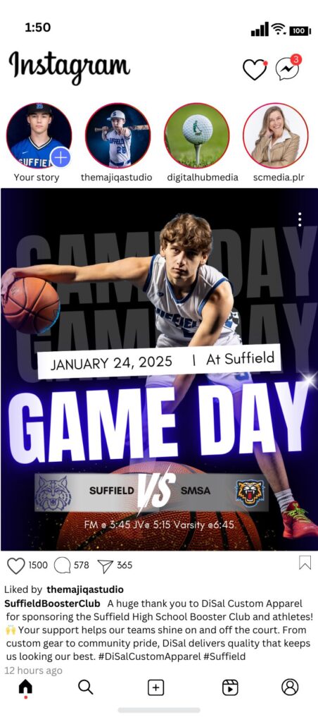 CT_Photographer | CT_Sports_Photographer | Instagram post of basketball player promoting an upcoming game with text that highlights a sponsor.