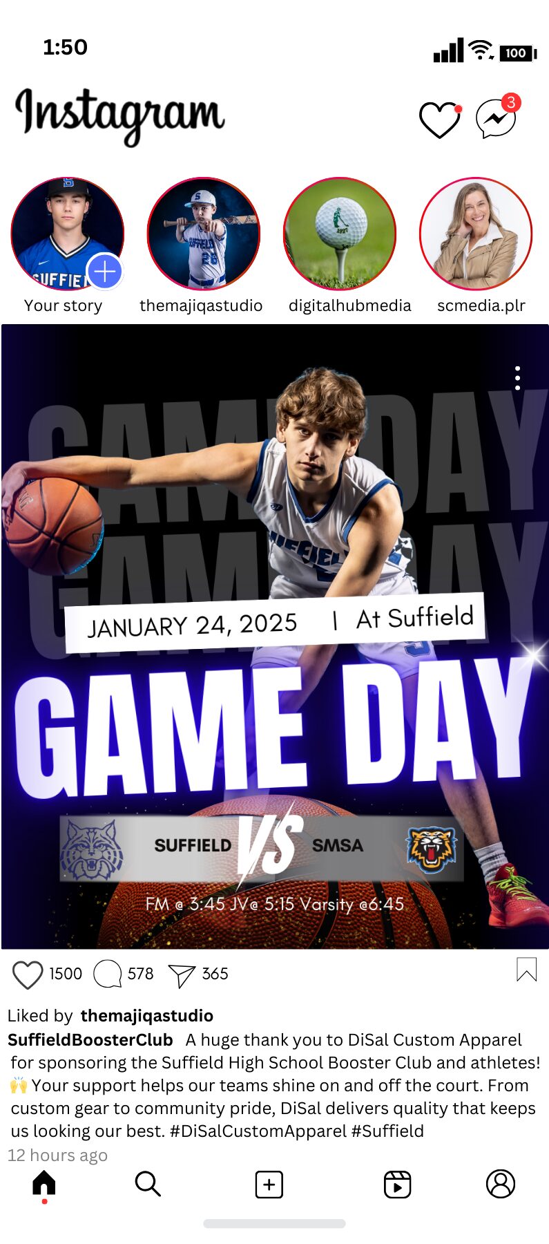 CT_Photographer | CT_Sports_Photographer | Instagram post of basketball player promoting an upcoming game with text that highlights a sponsor.
