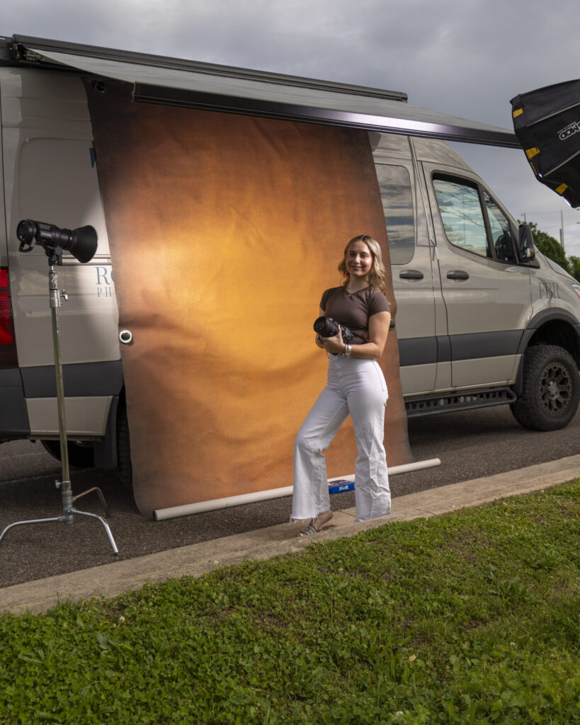 FBR Media | Rob Faber Photography | CT Photographer Mercedes Sprinter Van exterior side profile with backdrop and awning used as a mobile photo studio in Connecticut